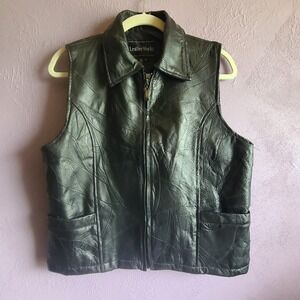 Leather Works Vest Mens Small Black Vintage Patchwork Zip Up Collared Biker Moto